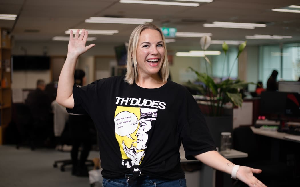 Rhonwyn repping a tee from classic rockers Th' Dudes for NZ Music T-Shirt Day.