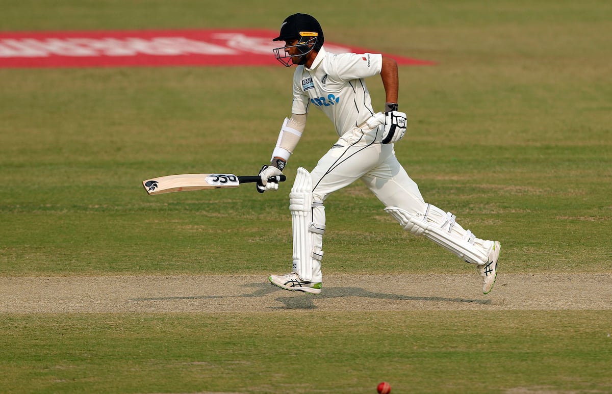 Rachin Ravindra of New Zealand taking a single  during day three of the 1st Test match between India and New Zealand held at the Green Park International Stadium in Kanpur on 27 November 2021.