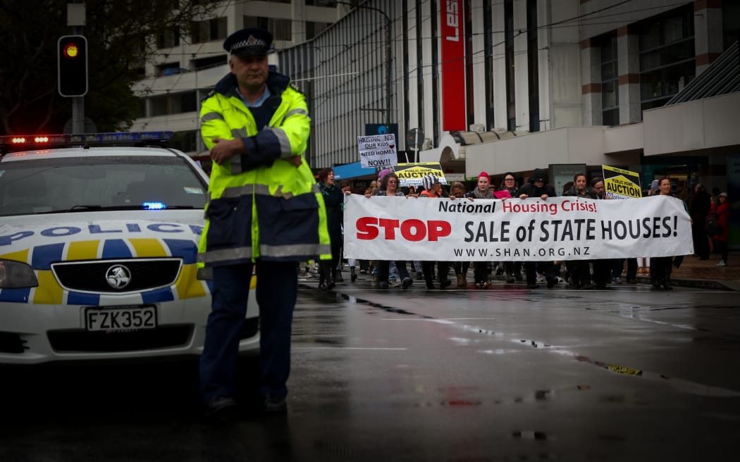 Protesters at the end of Lambton Quay.