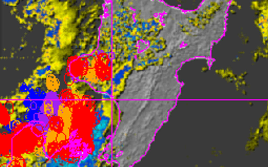 A MetService data map representing lightning strikes recorded by Transpower, across a wide swathe of the country on Saturday evening, 31 August, 2024.