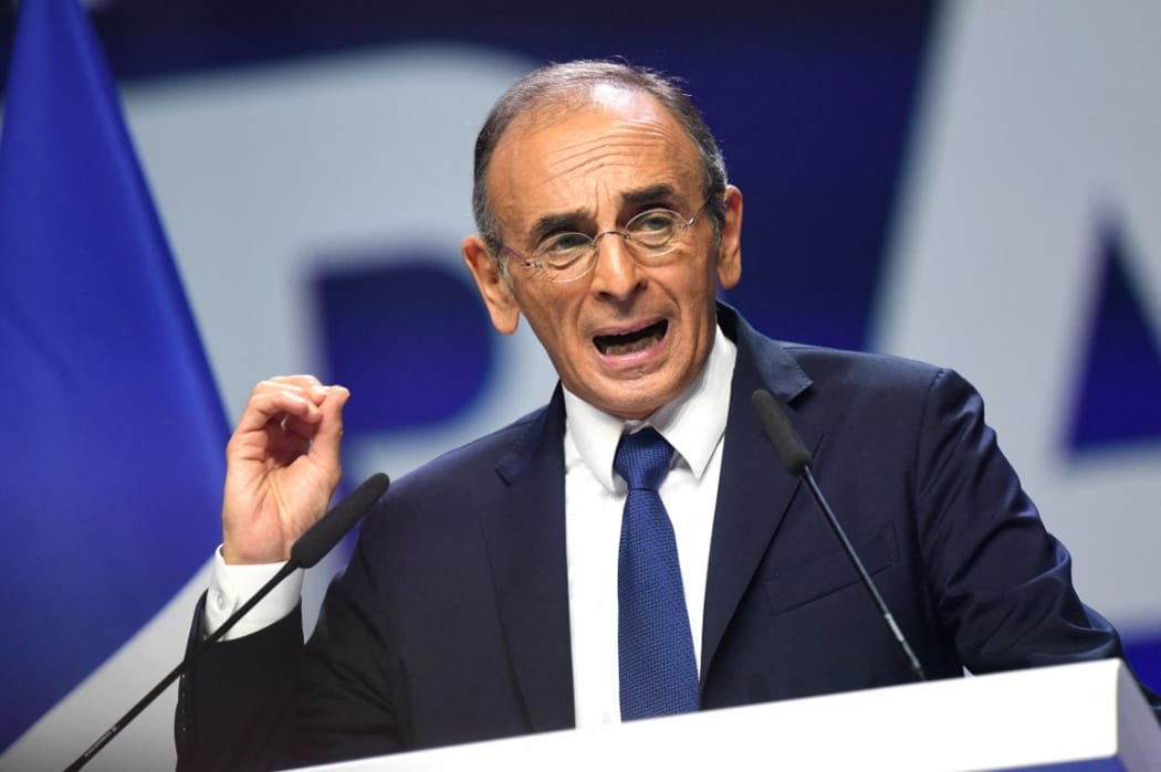 Media pundit and "Reconquete" party presidential candidate Eric Zemmour delivers a speech  during his meeting at the Palais des Sports in Paris, on April 7, 2022,