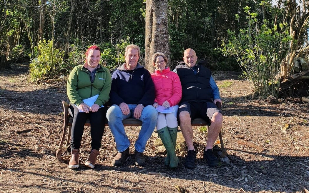 DOC community supervisor Caraline Abbott (left) with Tarawera Pest Control group members Peter Fahey, Libby Fletcher and Richard Nokes, at Kariri Point, Lake Tarawera.