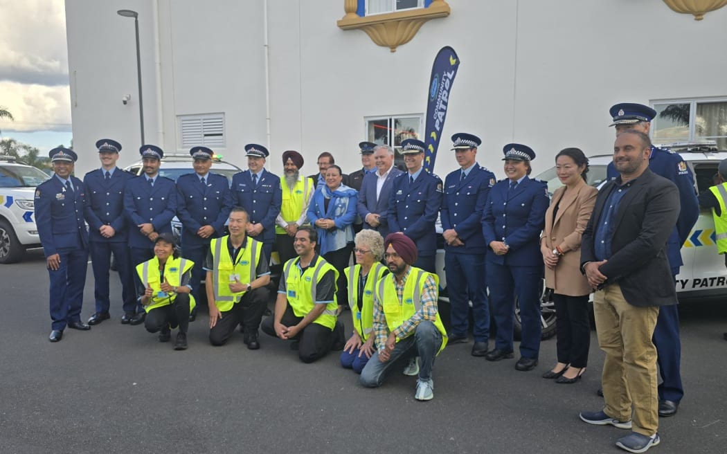 Police officers, community leaders, and patrol volunteers in front of the Gurudwara on 14 April at the launch of Takanini Community Patrol.