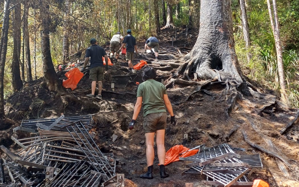 Council rangers are cleaning up at the Fairy Falls in the Waitākere Ranges, following a devastating fire on 2 December.