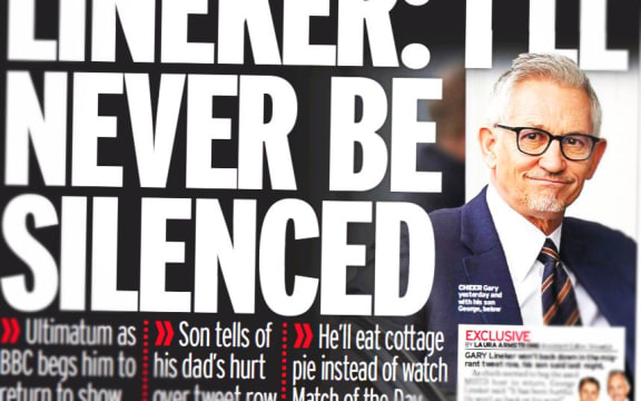 The UK's Daily Mirror reports on Gary Lineker's battle with the BBC's top brass.
