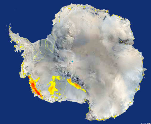 Areas of accelerated melting in West Antarctica.