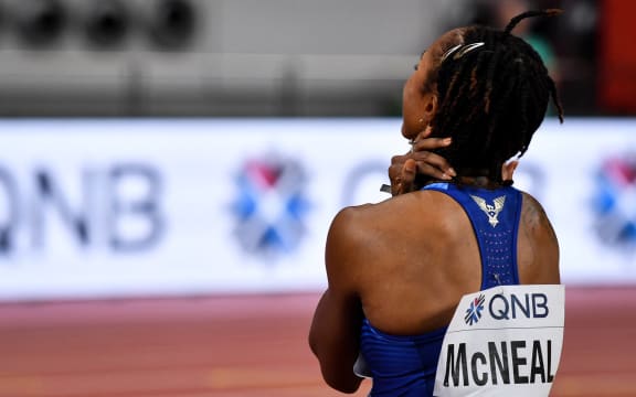 n this file photo taken on October 05, 2019 USA's Brianna Mcneal reacts after being disqualified during the Women's 100m Hurdles heats at the 2019 IAAF Athletics World Championships at the Khalifa International stadium in Doha.