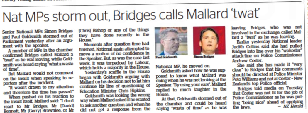 Hawke's Bay Today headlines the bad word Simon Bridges called the speaker - and himself in 2018.