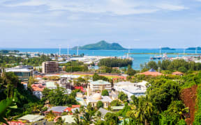 Overlook of colourful Seychelles capital Victoria, Mahe island