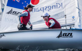 Jo Aleh and Polly Powrie in the medal race, Rio, 2015.