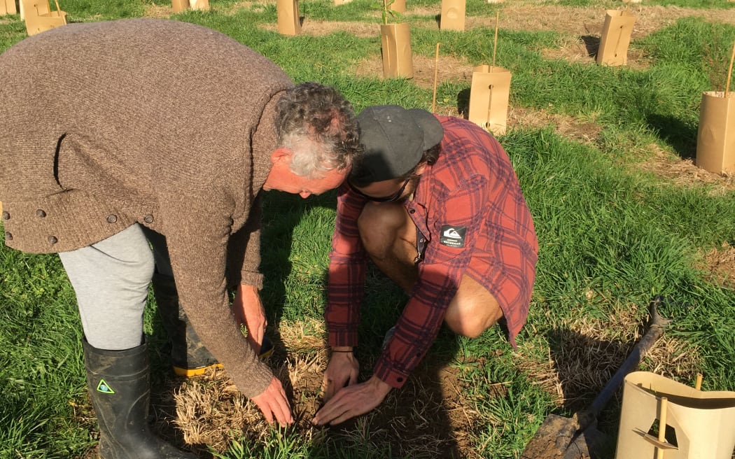 Peter Grundy (left) planting a tree helped by his grandson Dylan Lester.