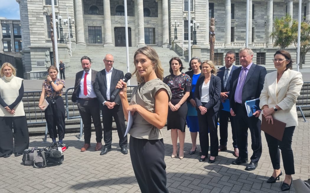 B416 chief executive Nicole Green speaking at the handover of a petition calling for a ban on social media for under-16 year old.