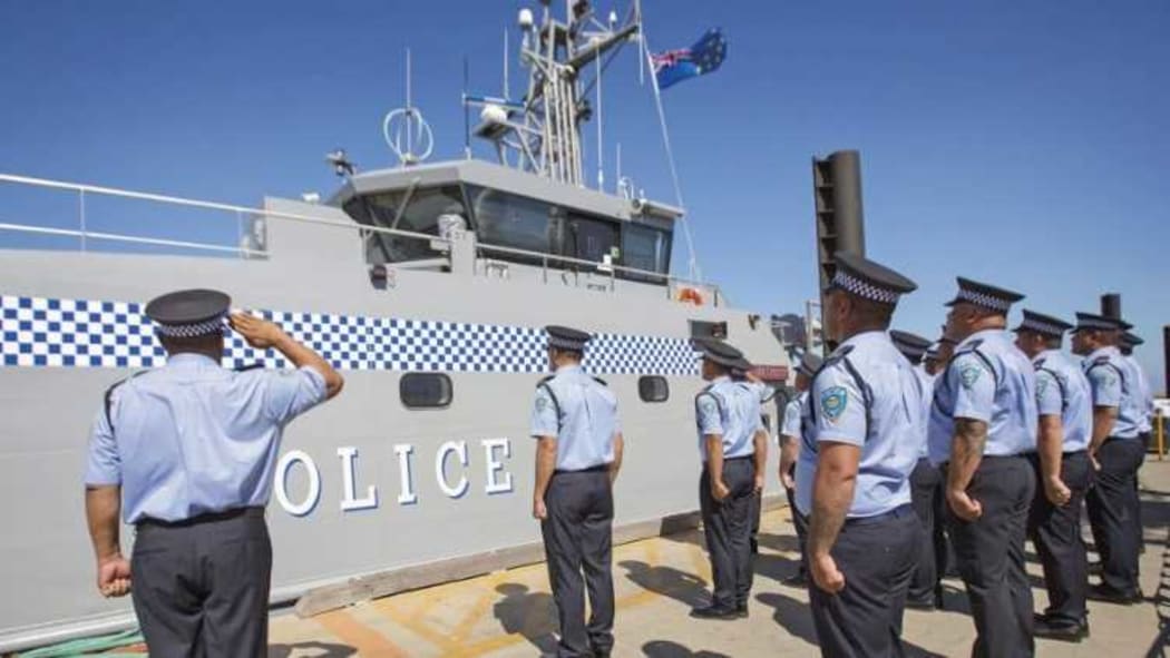 Members of the Tuvalu Police Force at the handover ceremony of Te Mataili II (a patrol boat gifted by Australia).