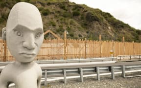Teko Teko at Peketa Pa, south of Kaikōura. Carved pillars were developed as part of an overall cultural artwork package at sites along the coast created in partnership with Te Rūnanga o Kaikōura.