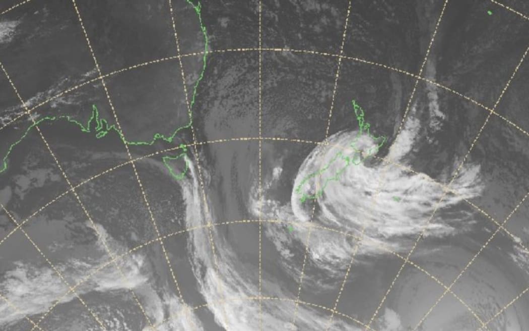 Satellite imagery from MetService shows the storm's position about 10pm Thursday.