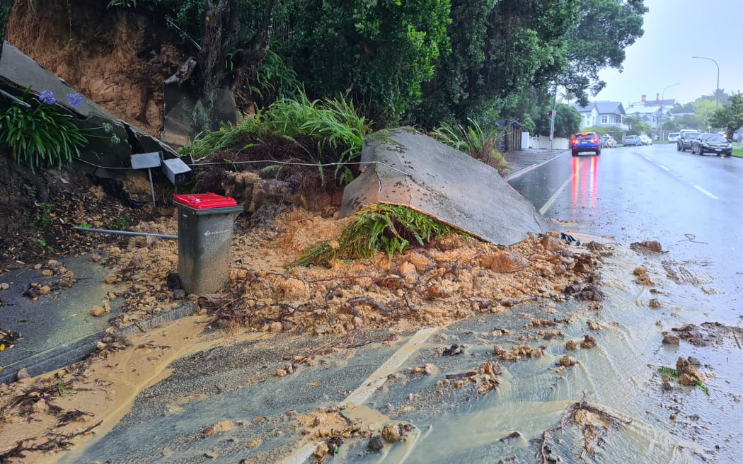 A slip has come down on West End Road in Westmere, Auckland after a severe thunderstorm hit the region.