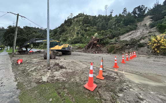 A large slip on Valley Road in Whakatāne following heavy rain on 3 May, 2023.