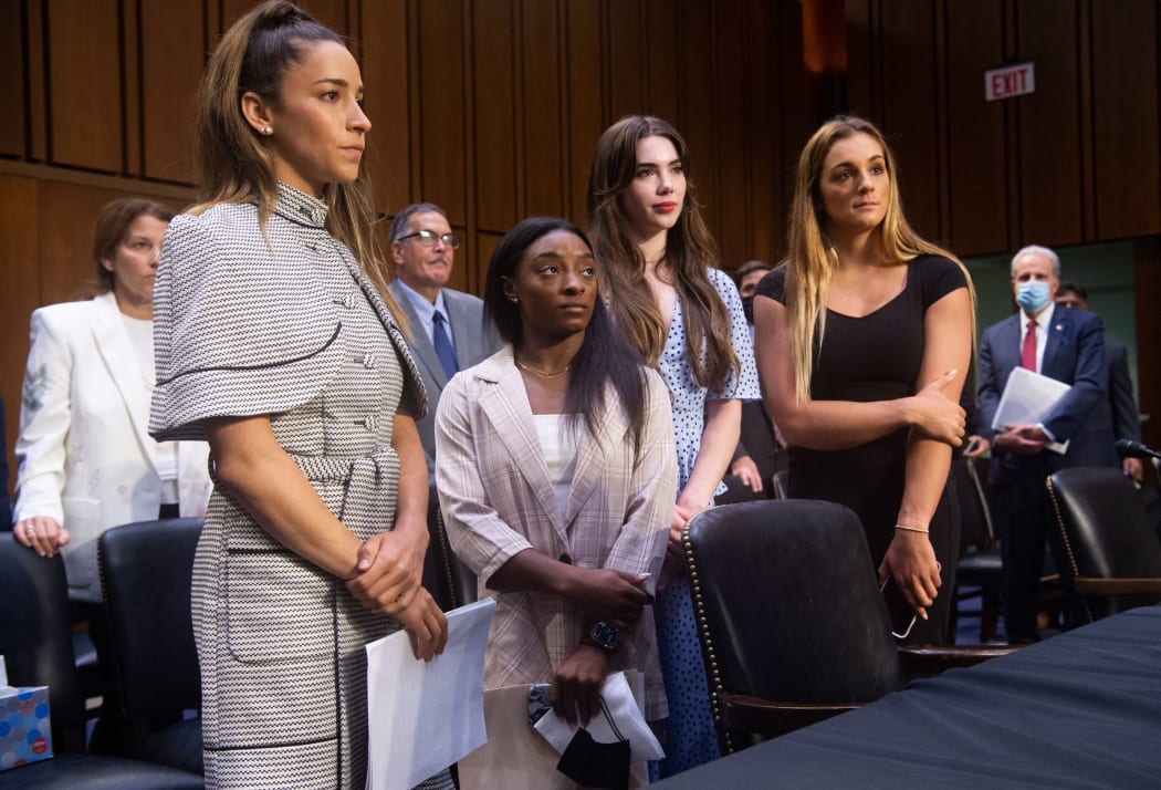 From left, US Olympic gymnasts Aly Raisman, Simone Biles, McKayla Maroney and NCAA and world champion gymnast Maggie Nichols after testifying to a Senate Judiciary Committee hearing.