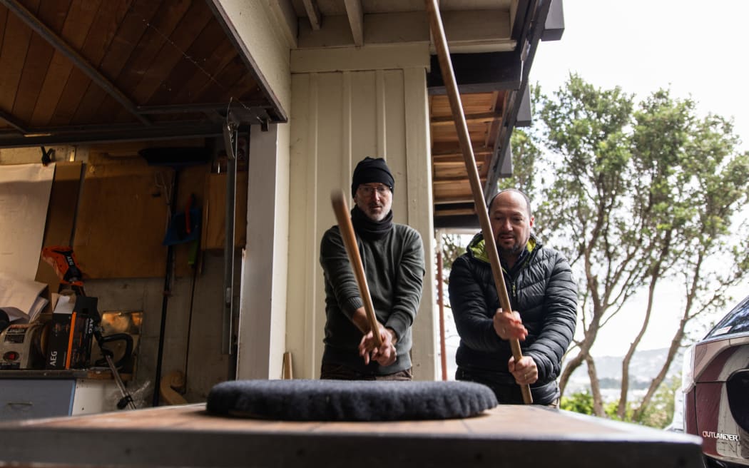 Malcolm Struthers and Leonard Sakofsky practising technique on the NZSO Mallet and Block