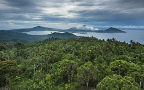 Papua New Guinea, Bismarck Archipelago, Gazelle peninsula, New Britain island, East New Britain province, Rabaul, Rabaul Bay, Matupit island, Tavuvur, Turangunan, Tovanumbatir, Rabalanakaia et Vulcan volcanoes seen from Malmaluan viewpoint (Photo by DOZIER Marc / hemis.fr / Hemis via AFP)