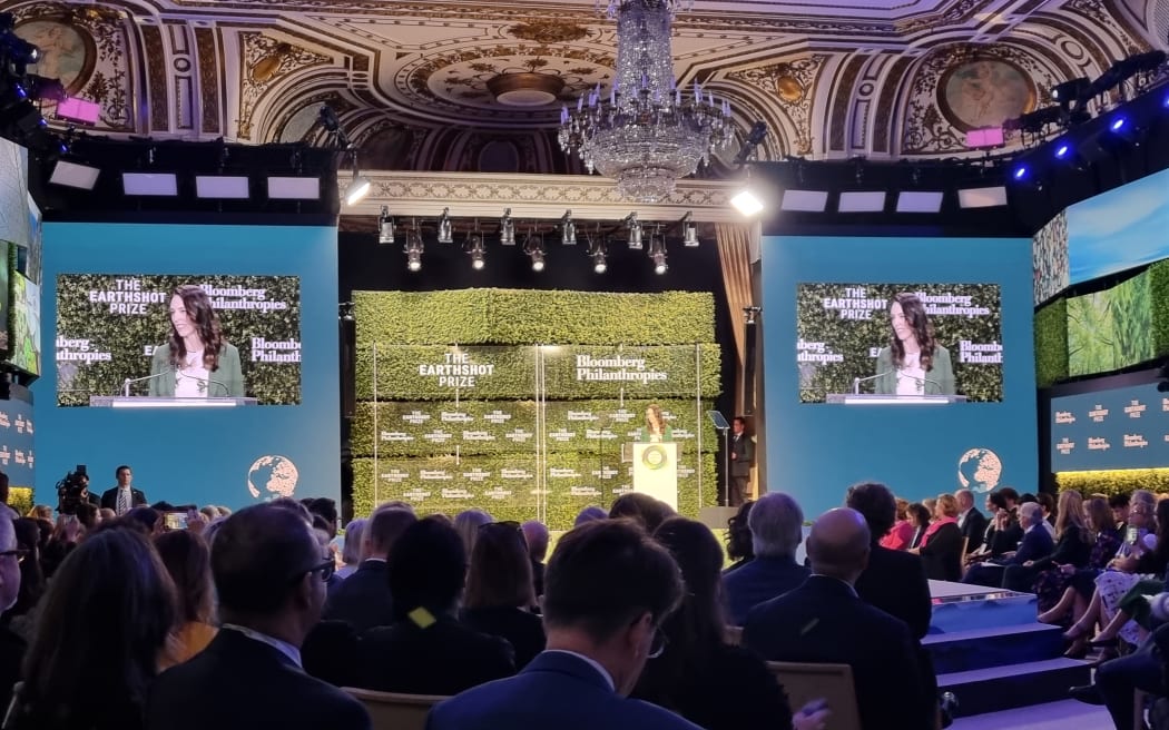 Prime Minister Jacinda Ardern delivers a speech on behalf of Prince William at the climate-focused Earthshot Prize Innovation summit in New York, attended by Hollywood's Matt Damon and billionaire Michael Bloomberg, on the sidelines of the United Nations General Assembly.