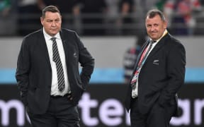 Ian Foster (right) and Steve Hansen at the RWC quarterfinal in Tokyo in October.