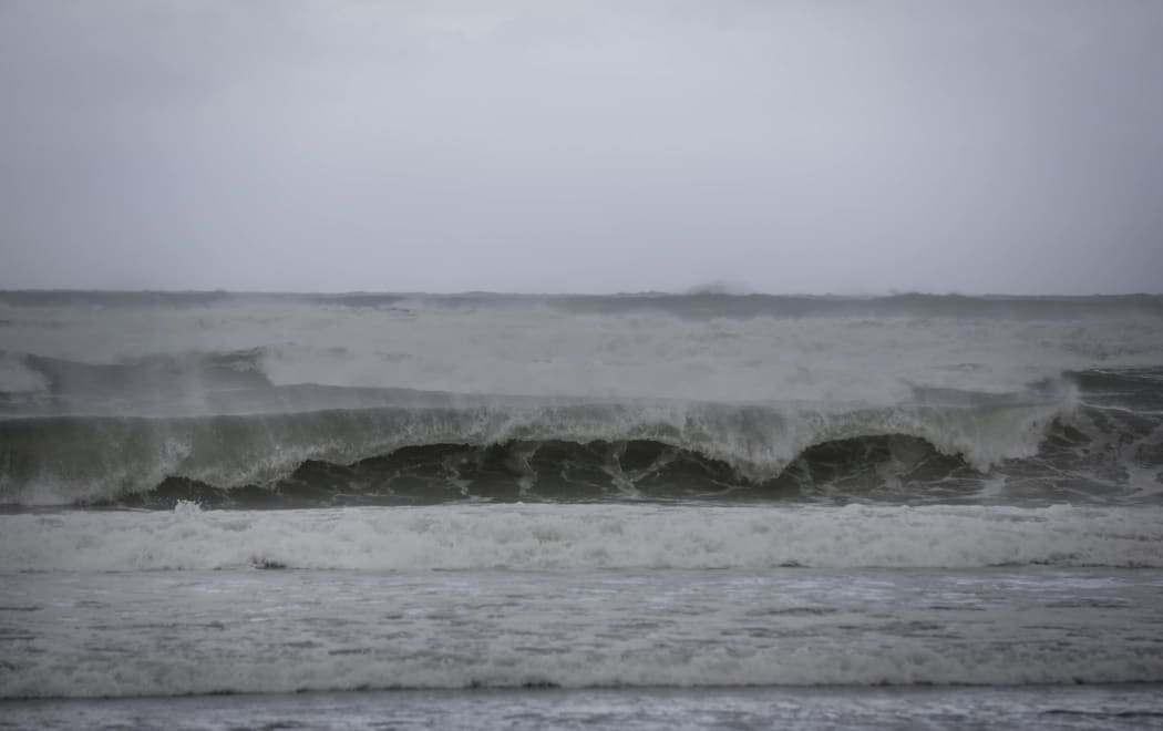 West Coast storm. The Tasman Sea looking wild as the storm sets in. Authorities are keeping an eye on the midday king tide.