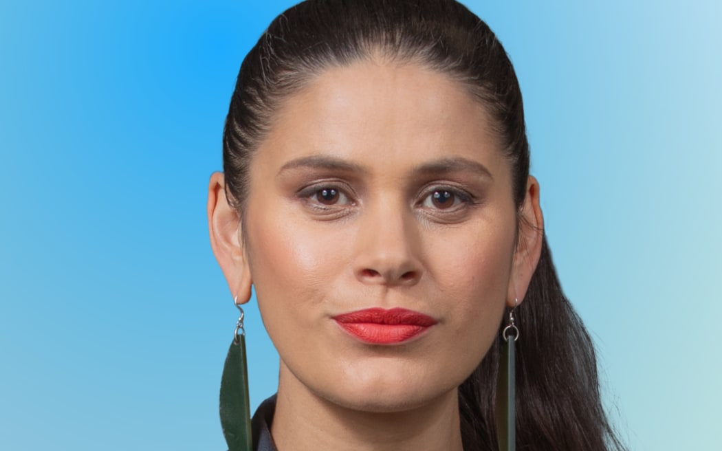 Host Māni Dunlop on a soft blue background