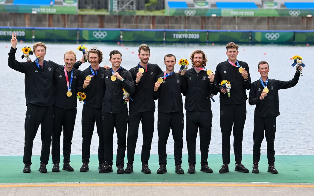 Gold medalists New Zealand Men's eight; Matt Macdonald (stroke), Shaun Kirkham, Phillip Wilson, Dan Williamson, Michael Brake, Tom Murray, Hamish Bond, Tom Mackintosh (bow) and Sam Bosworth (coxswain).
Tokyo 2020 Olympic Games Rowing, Tokyo, Japan on Friday 30th July 2021.