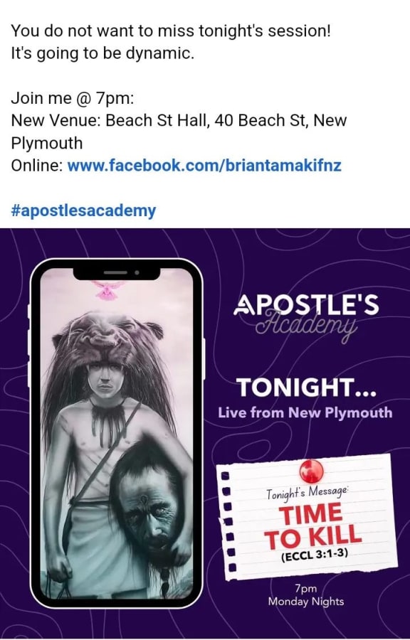 A screenshot of the Facebook post advertising Brian Tamaki's event in New Plymouth.