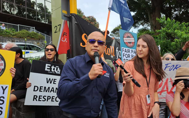 FIRST Union general secretary Dennis Maga speaking at a protest against scrapping Fair Pay Agreements outside the office of ACT leader David Seymour in the Auckland suburb of Epsom on 11 December 2023.