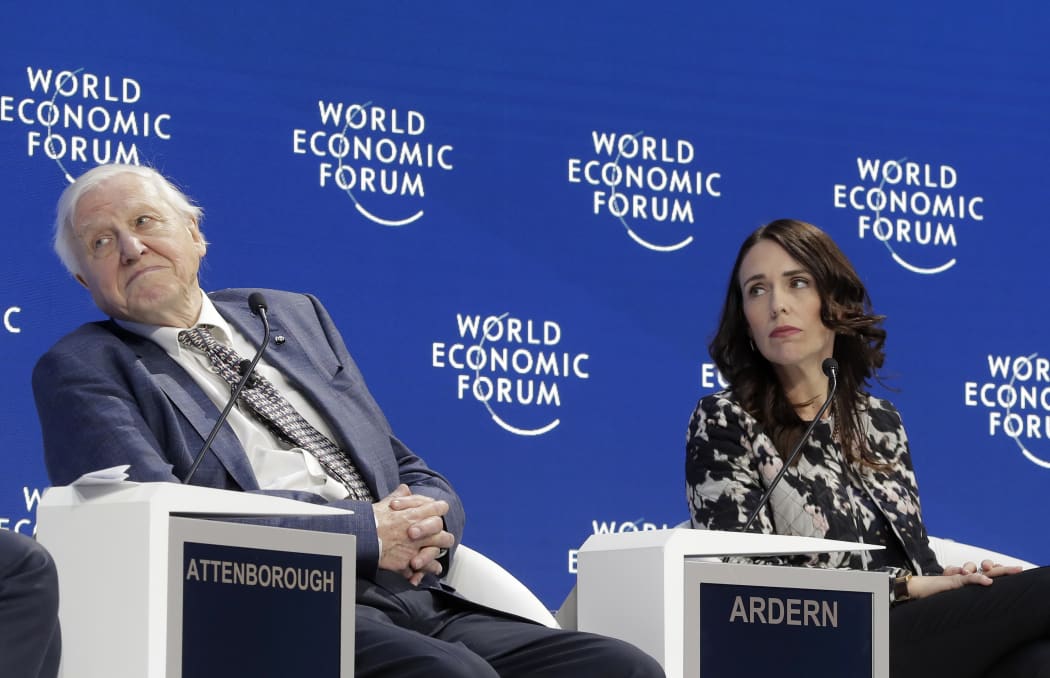 Sir David Attenborough, broadcaster and natural historian, and Prime Minister Jacinda Ardern participate in the Safeguarding the planet session at the World Economic Forum in Davos, Switzerland.
