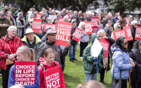 Protesters against the Euthanasia Bill gather outside Parliament.