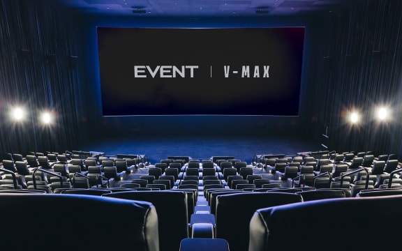 A view of the screen at the VMAX cinema at Queensgate, Lower Hutt, taken from one of the reclining seats.