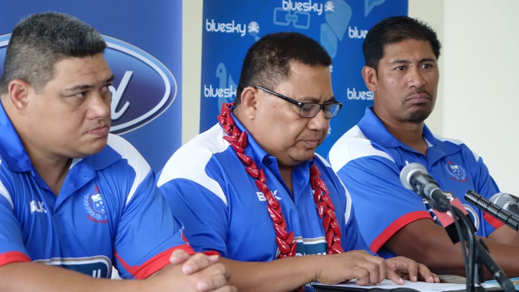 Manu Samoa coach Stephen Betham, left, manager Sami Leota, centre, and co-coach Alama Ieremia at the team announcement in Apia today.