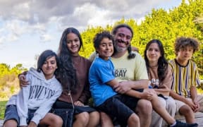 Tainui Tukiwaho and his five children in his blended whanau, and writers of the new play, Hemo is Home.  

From left:  Jade Fernandez, 12, Mia Curreen-Poko, 17, Te Rongopai Curreen Tukiwaho, 10, Tainui Tukiwaho, Letoya Fernandez, 16, Paku Fernandez, 16.