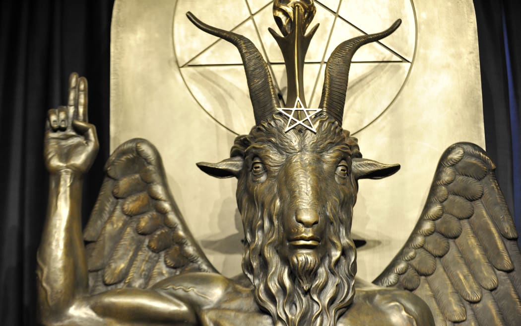 The Baphomet statue is seen in the conversion room at the Satanic Temple  in Salem, Massachusett.