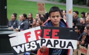 Te Whaiora Harrison-O'Connell with hundreds of Maori students who marched to Parliament in August 2016 calling for freedom for West Papua.