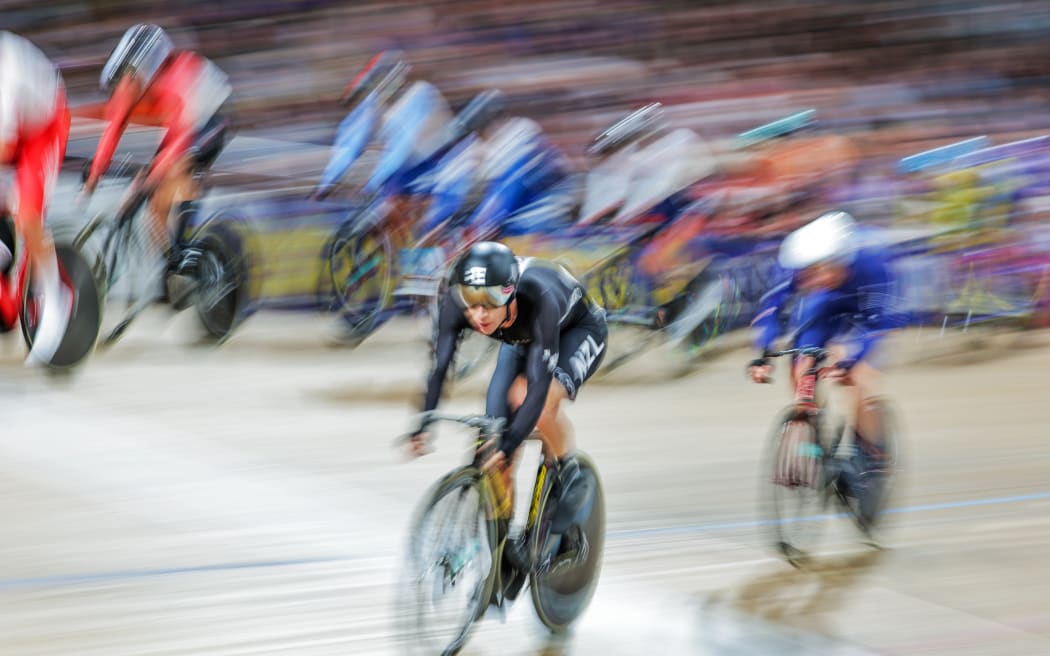 New Zealand cyclist Aaron Gate competing in the points race at the 2023 World Track Championships in Glasgow.