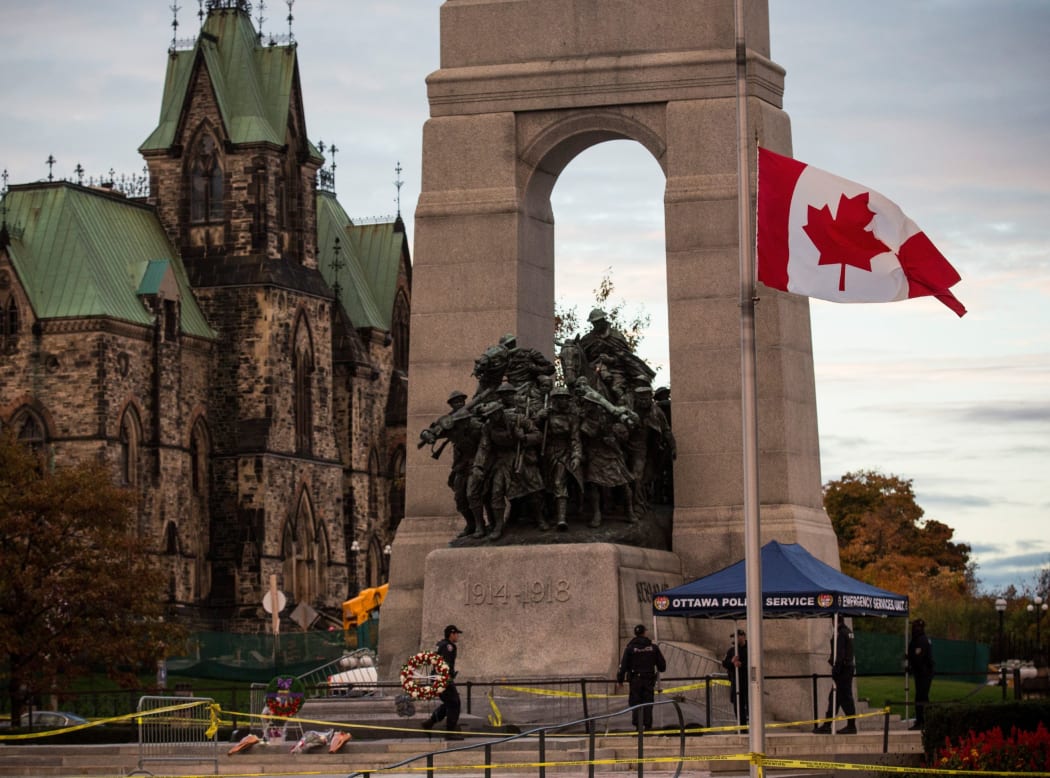 A flag flies at half-mast at the National War Memorial