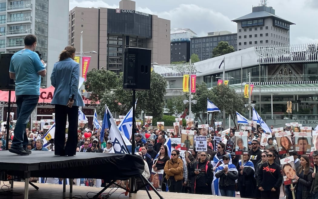 Protesters rallied over Israeli hostages being held in Gaza on Sunday at Auckland's Aotea Square.