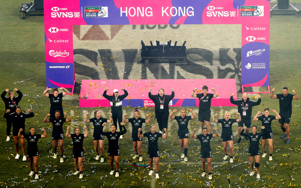 Black Ferns Sevens perform a haka after winning the Hong Kong Sevens final.