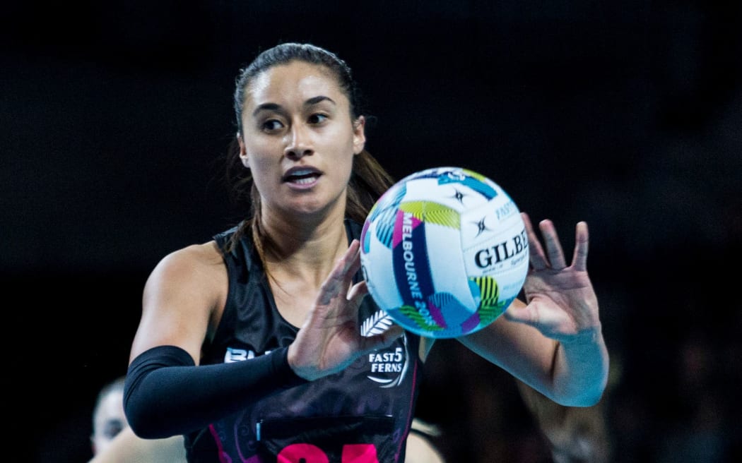Maria Tutaia passes the ball during the Fast5 Netball world series match between New Zealand Silver Ferns and Australia at Hisense Arena Melbourne Australia.