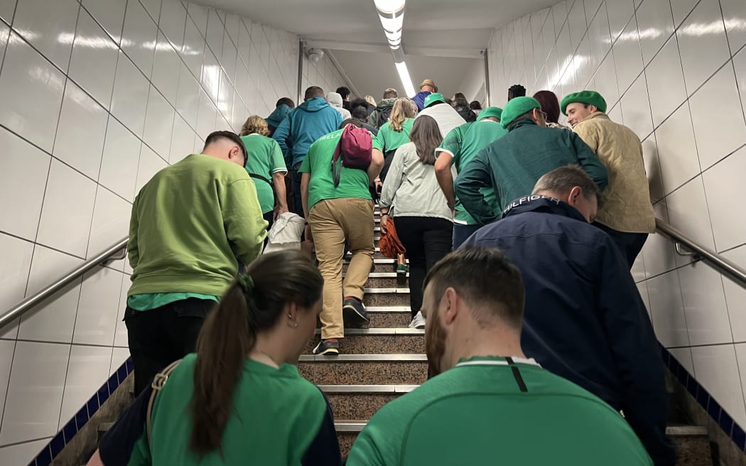 A crowded Paris metro before the All Blacks v Ireland Rugby World Cup match on 14 October 2023.