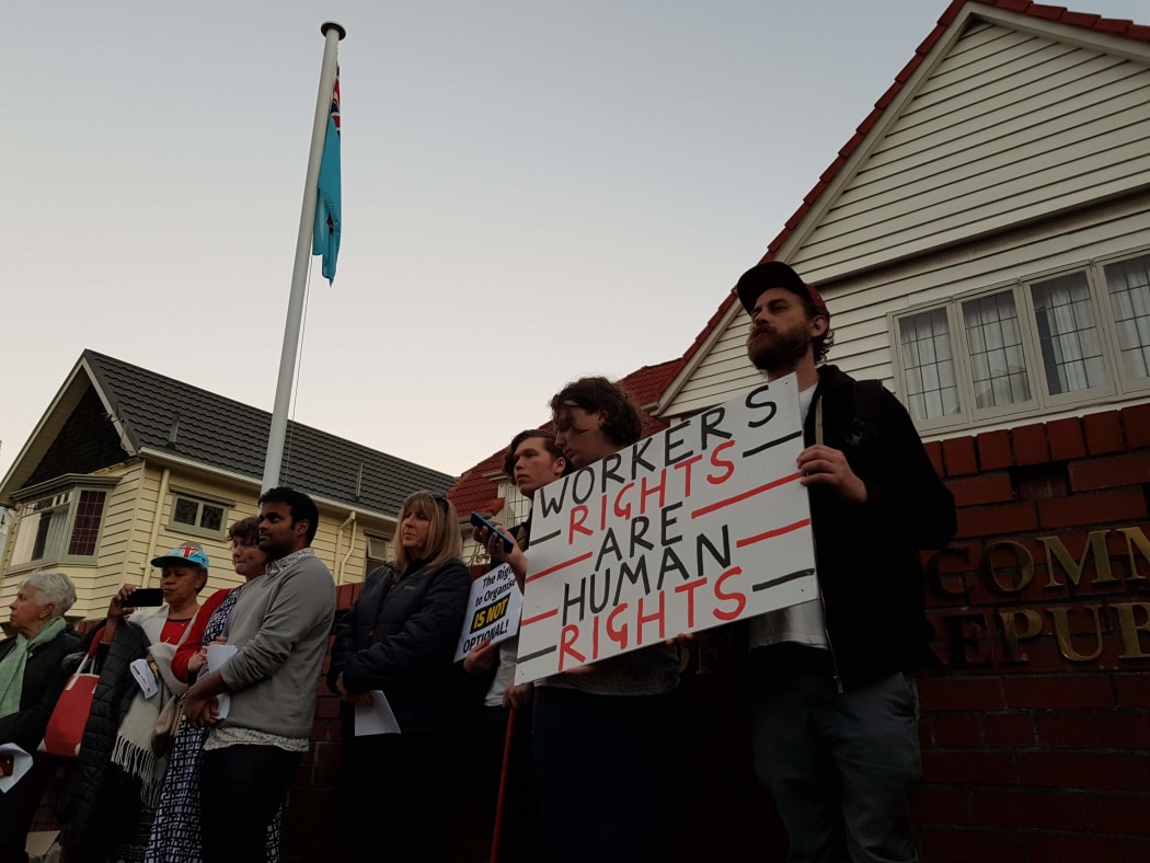 Protesters gathered outside Fiji's High Commission in Wellington in solidarity for their Fijian counterparts.