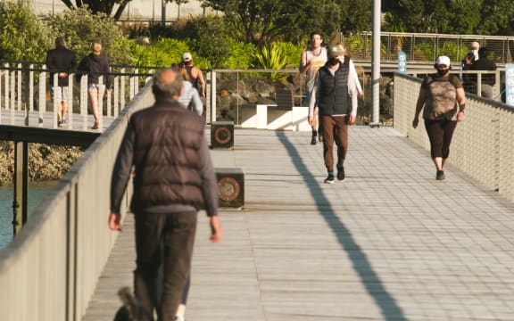 Exercise and social distancing at Auckland's Westhaven Marina during level 4 lockdown.