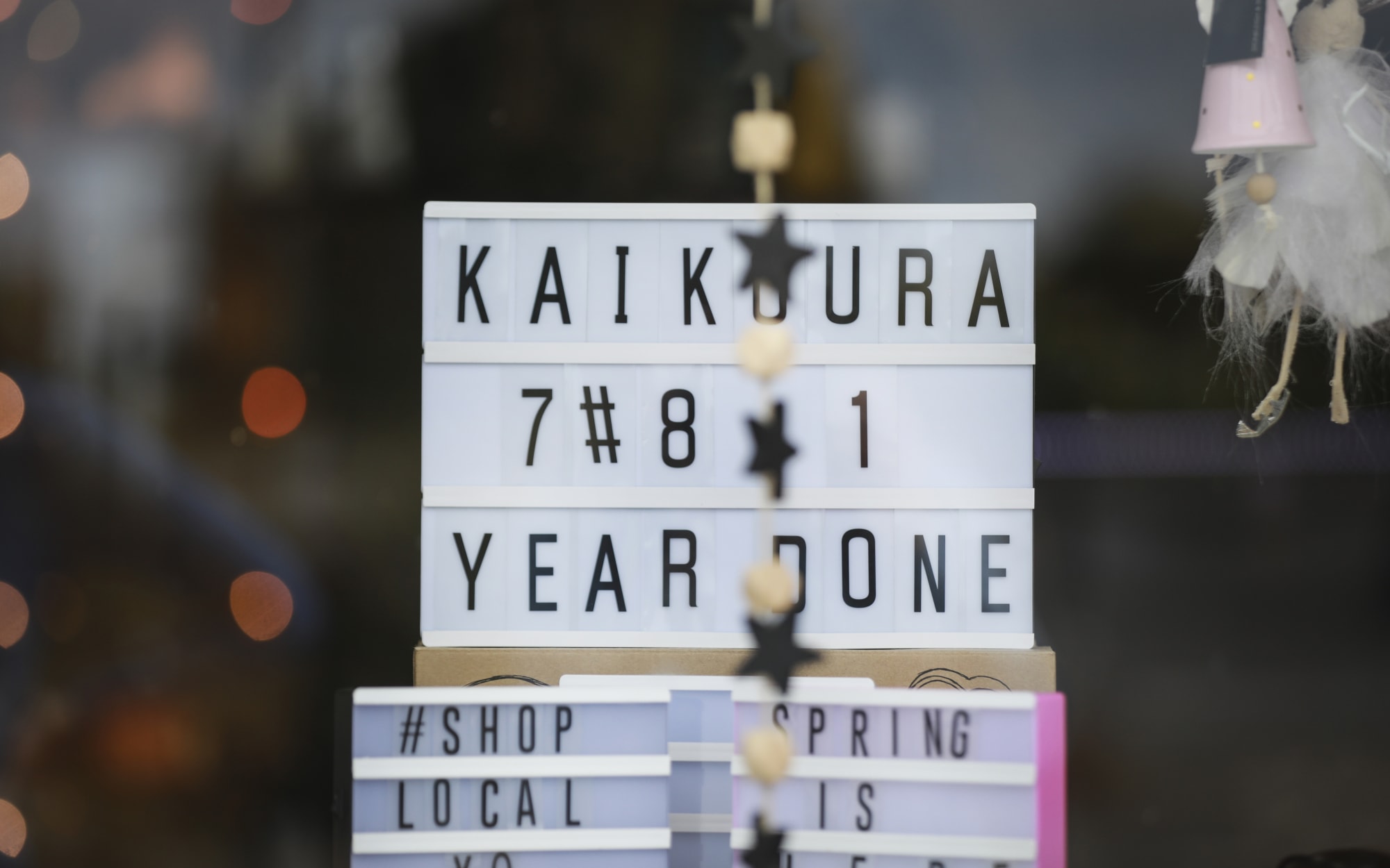 Locals call the Kaikoura earthquake anniversary, one year done. Sign in a retail shop on the main road, West End, Kaikoura.
