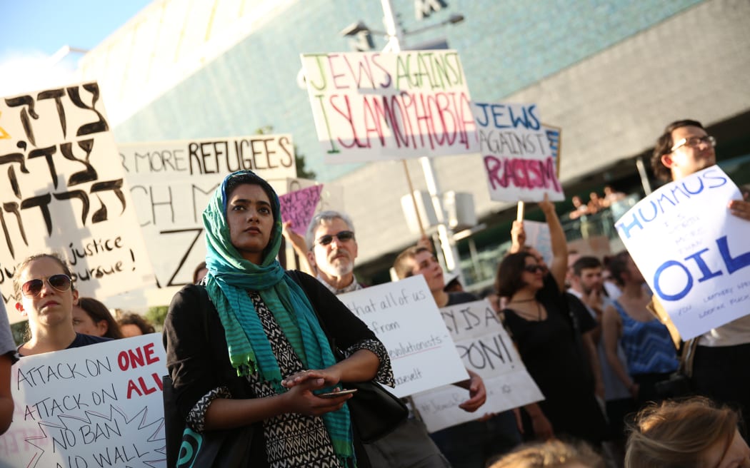 A diverse crowd gathered to protest Trump's presidency.