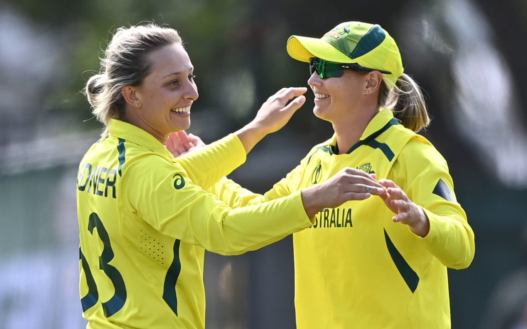 Ashleigh Gardner and Meg Lanning celebrate the wicket of Chedean Nation during the ICC Women’s Cricket World Cup 2022 cricket match between Australia and West Indies, Basin Reserve, Wellington, New Zealand, Tuesday March 15, 2022. Photo: Andrew Cornaga/ www.photosport.nz