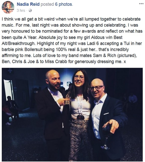 Nadia Reid Facebook post, post VNZMA's